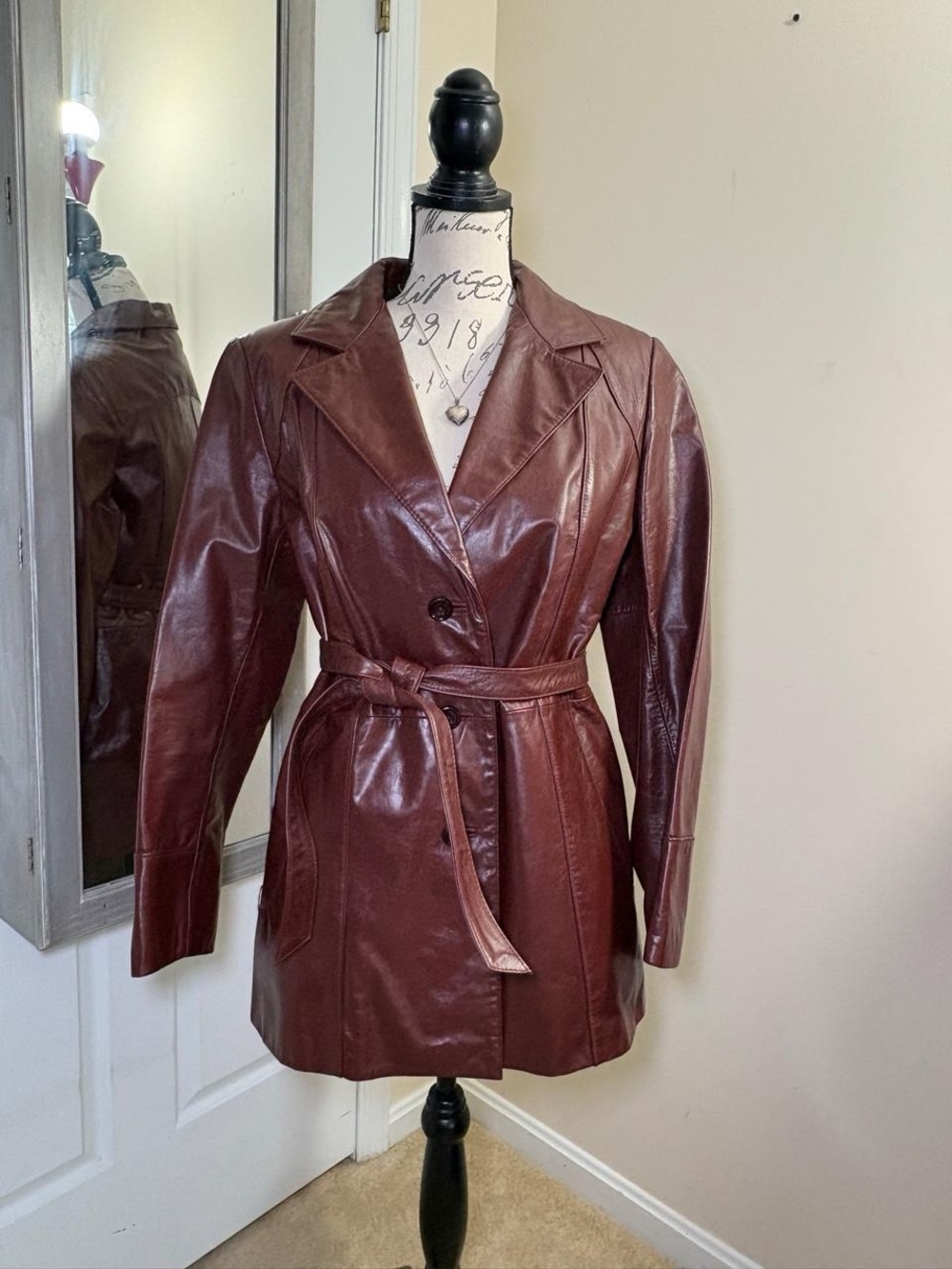 Vintage Burgundy Genuine Leather Jacket with Tie Belt